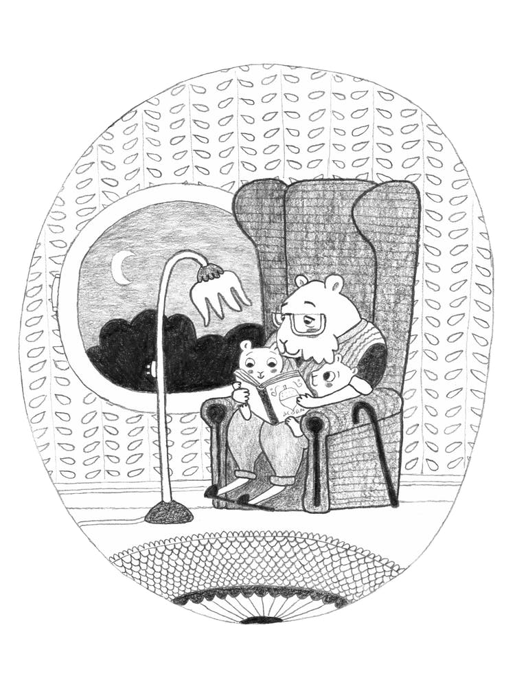 Bw Hamster Grandfather Grandchildren Reading Book