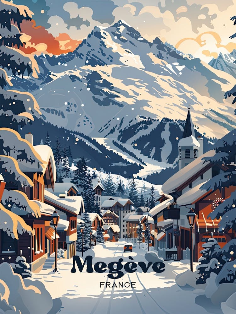Megeve France Alpine Art Illustration