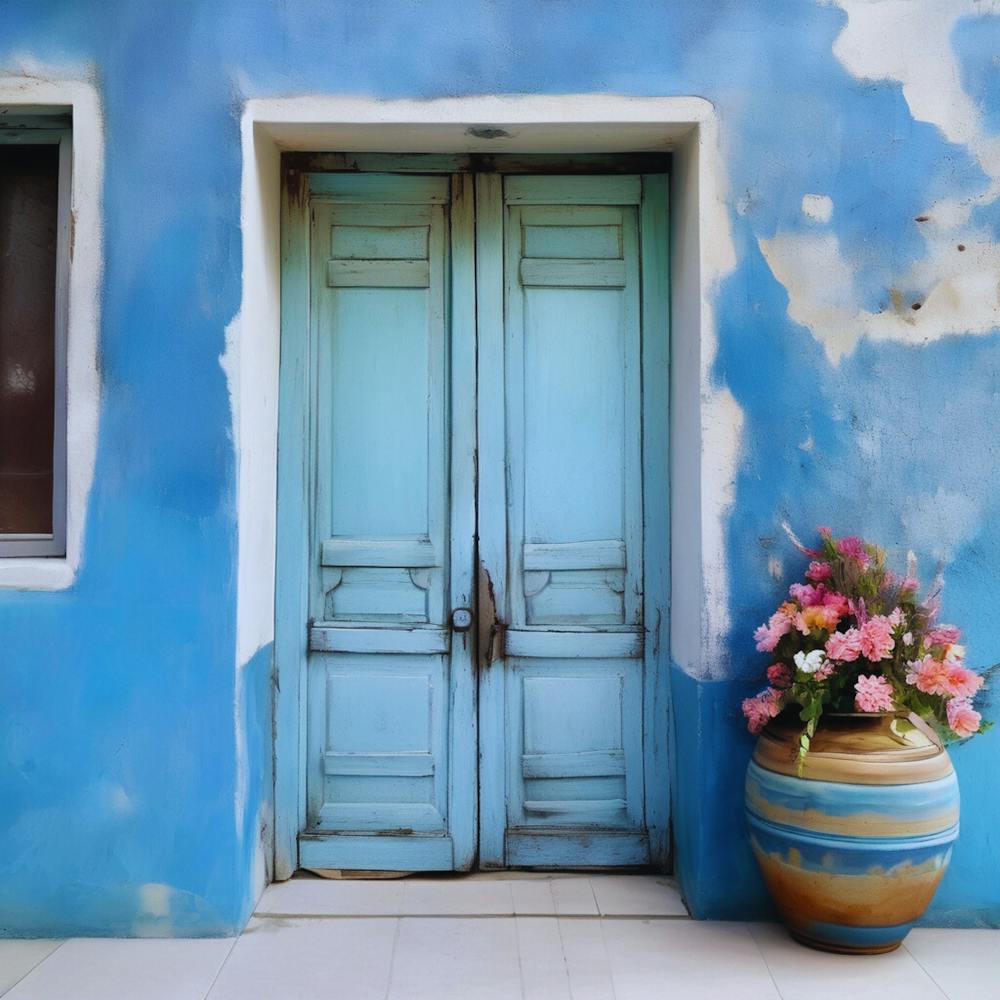 Blue wall. An old-style door in the middle, silver in color. There is a large pottery jar next to the door. There are flowers in the jar Spring oil colors. Wall painting.15