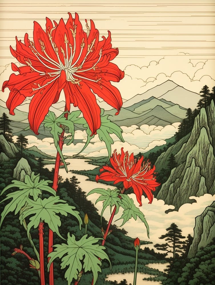 Higanbana Red Spider Lily 4 Japanese Botanical Illustration