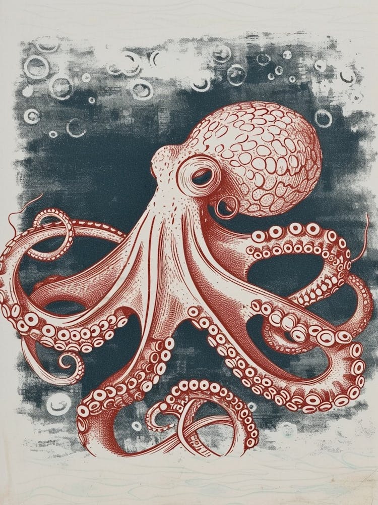 Detaillierter roter & marineblauer Linolschnitt-Oktopus 3