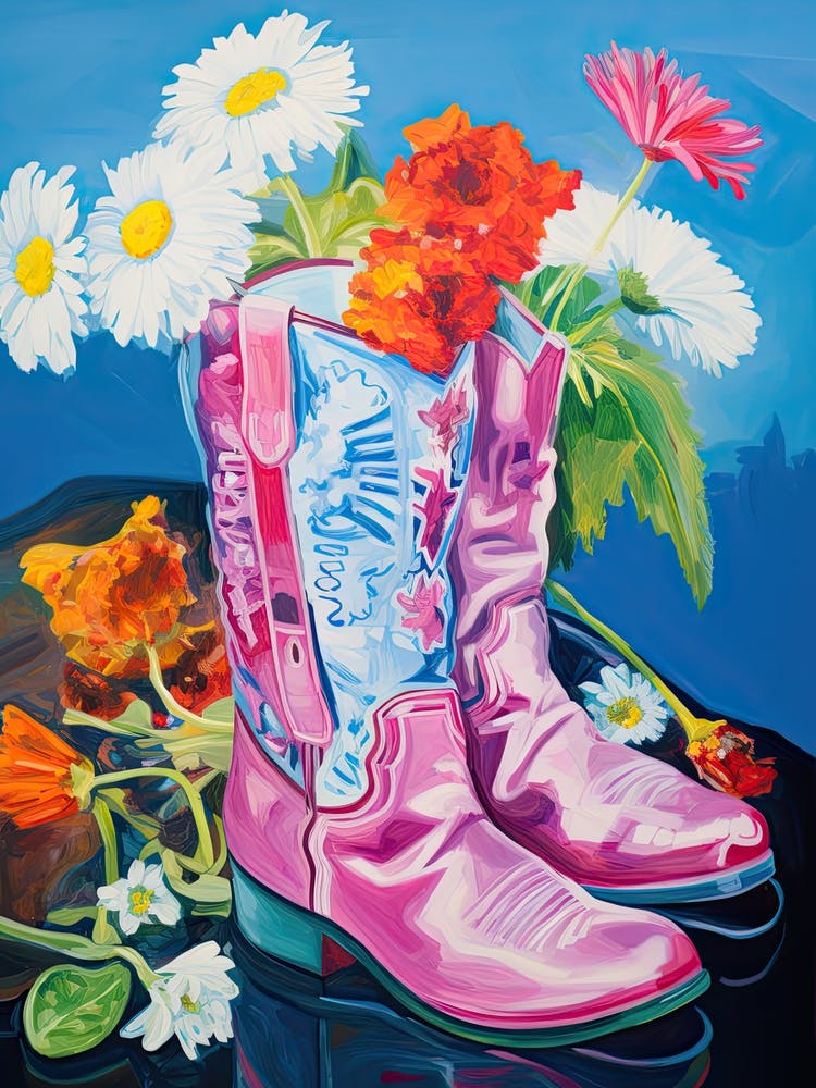 Oil Painting Of Wild Flowers And Cowboy Boots, Oil Style 1