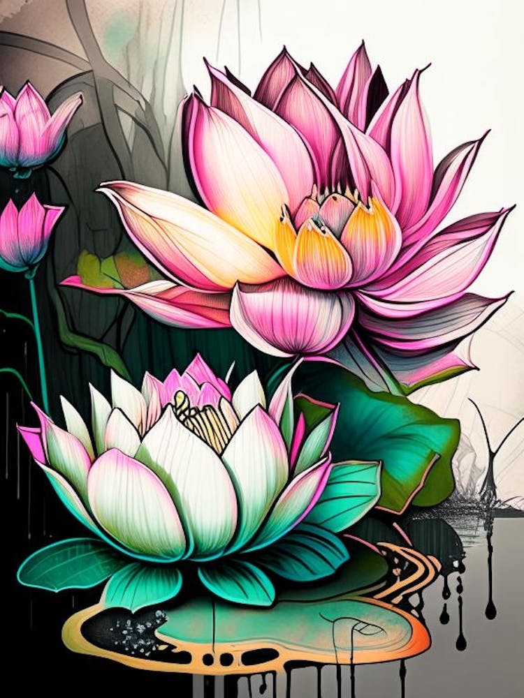 Lotus Flowers In Garden Graffiti 2