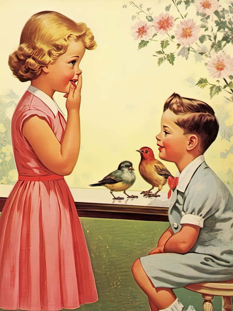 Vintage Retro Kids With Bird Illustration Kitsch 7