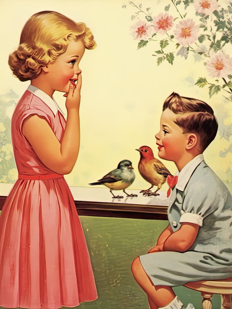 Vintage Retro Kids With Bird Illustration Kitsch 7