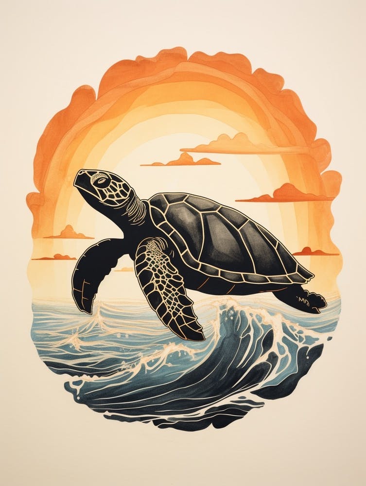 Linocut Illustration Style Of Sea Turtle And Sunset Black & Orange 3