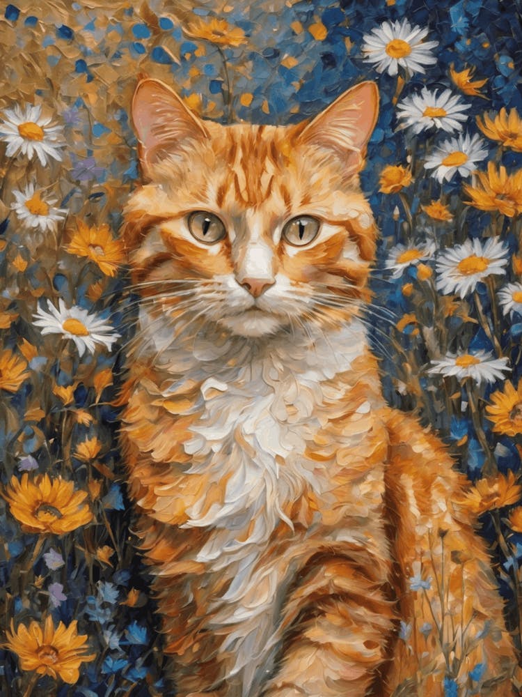 Klimt Style Ginger Tuxedo Orange Tabby Cat in Colorful Garden Flowers Meadow Gold Leaf Painting - Gustav Klimt and Monet Inspired Textured Acrylic Palette Knife Art Daisies Poppies Amongst Wildflowers at Night Beautiful HD High Resolution