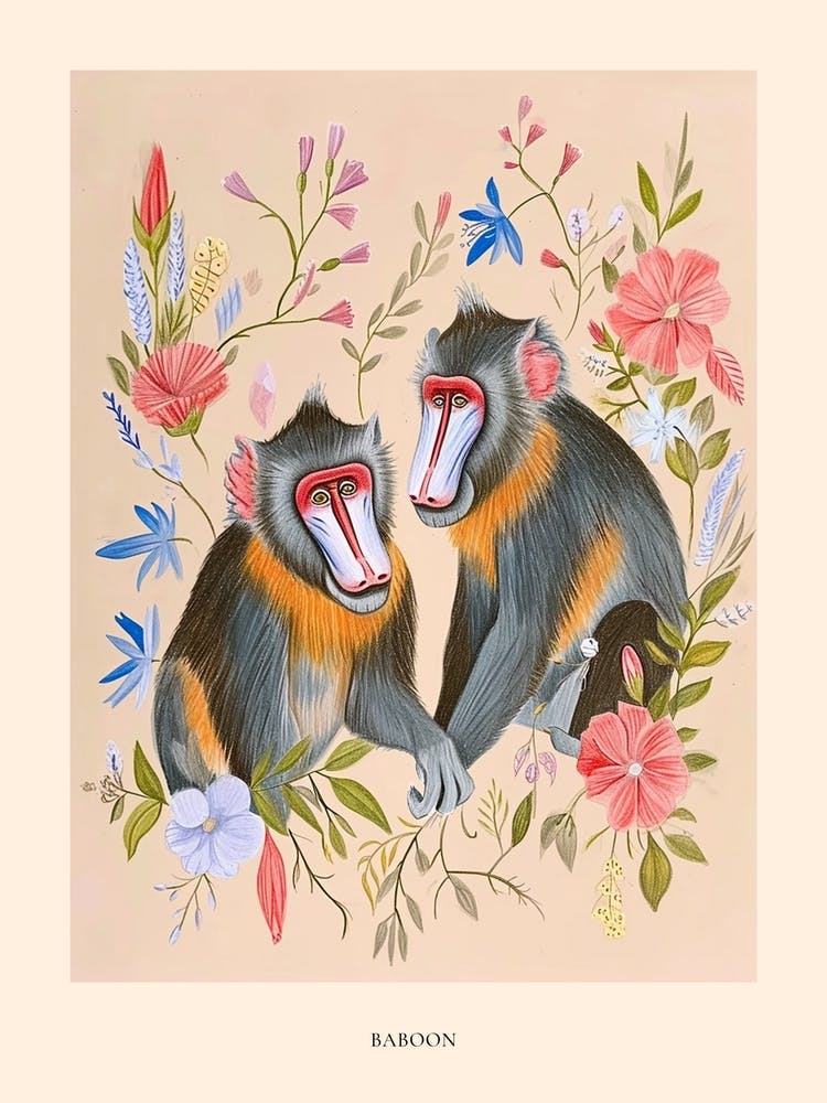 Folksy Floral Animal Drawing Baboon 3 Poster