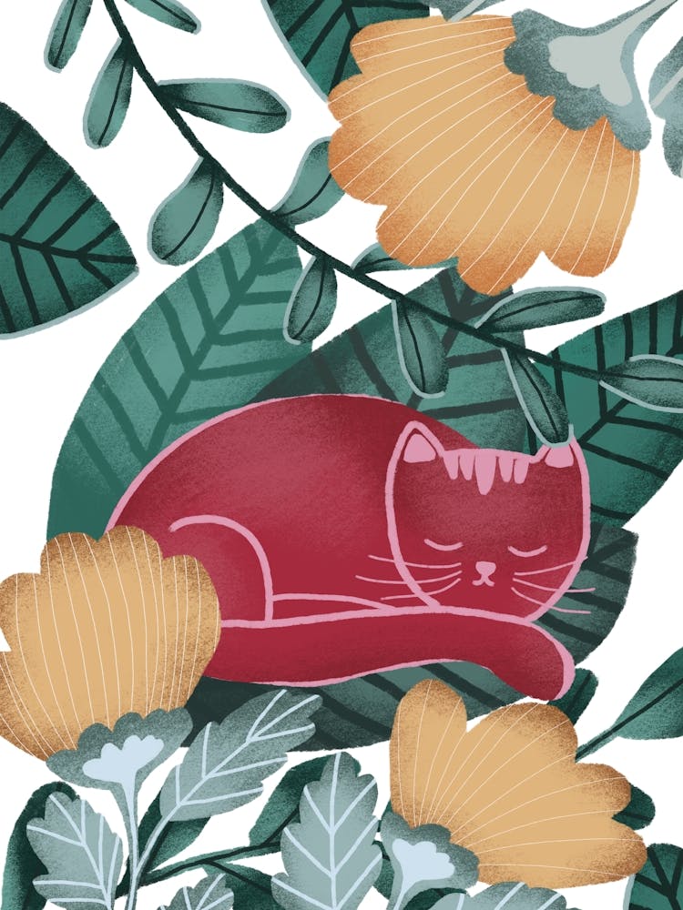 Rote Katze schläft im Garten