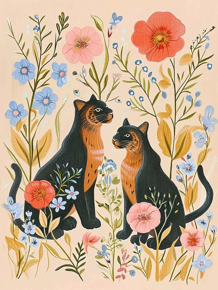 Folksy Floral Animal Drawing Black Panther