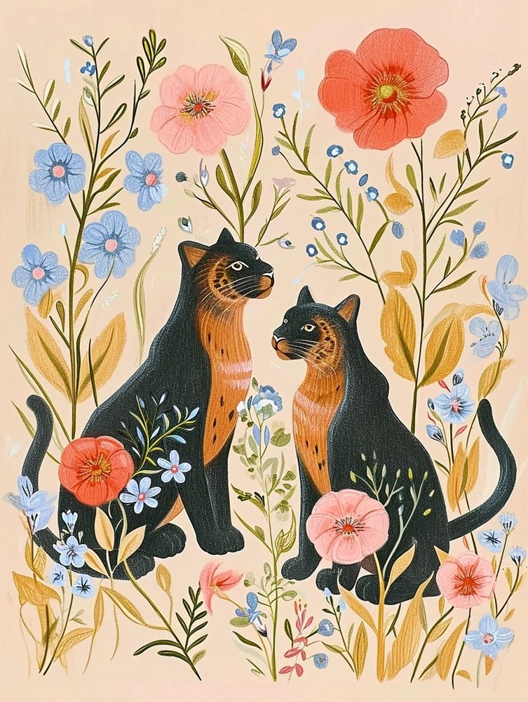 Folksy Floral Animal Drawing Black Panther
