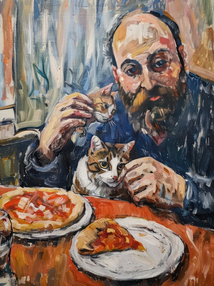 Portrait Of A Man With Cats Eating Pizza 3
