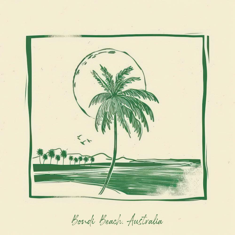 Bondi Beach, Australia Green Line Art Illustration
