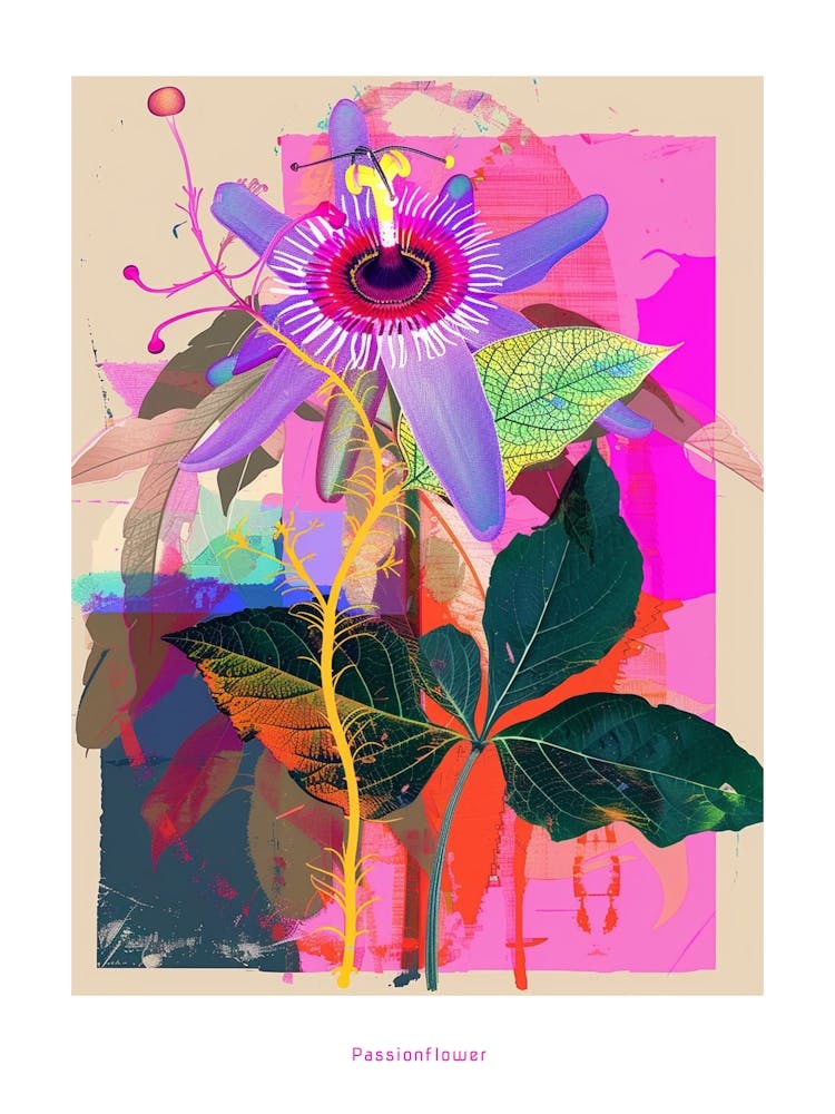 Passionflower 4 Neon Flower Collage Poster