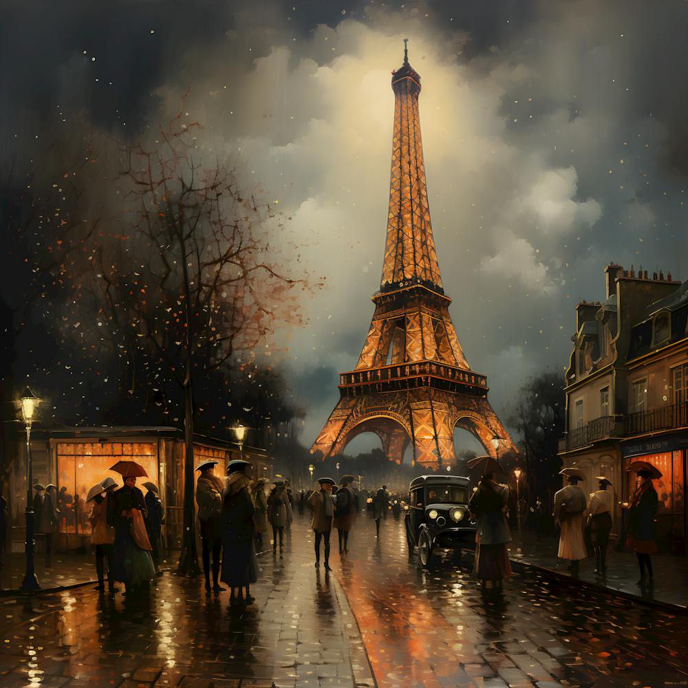 Parisian Night Glow: Eiffel Tower at Dusk - Vintage Rainy Street Scene