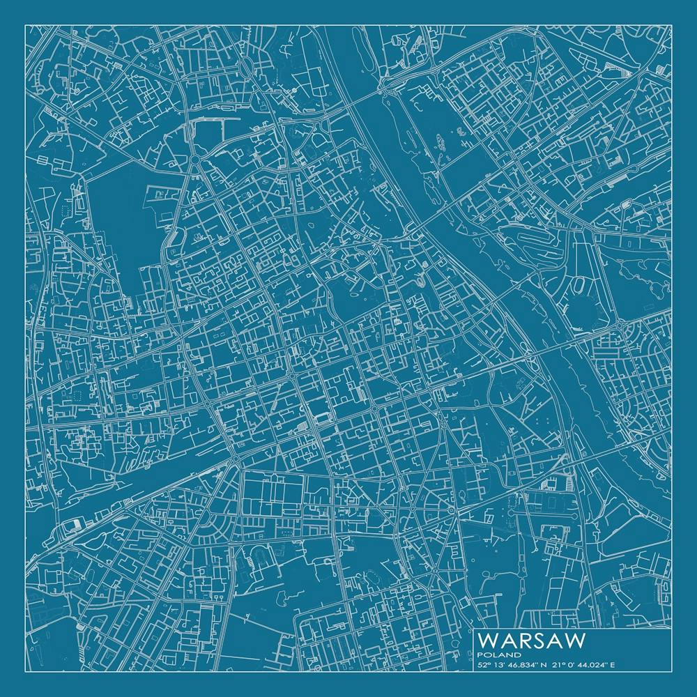 Warsaw, Poland, City Map Blueprint Design