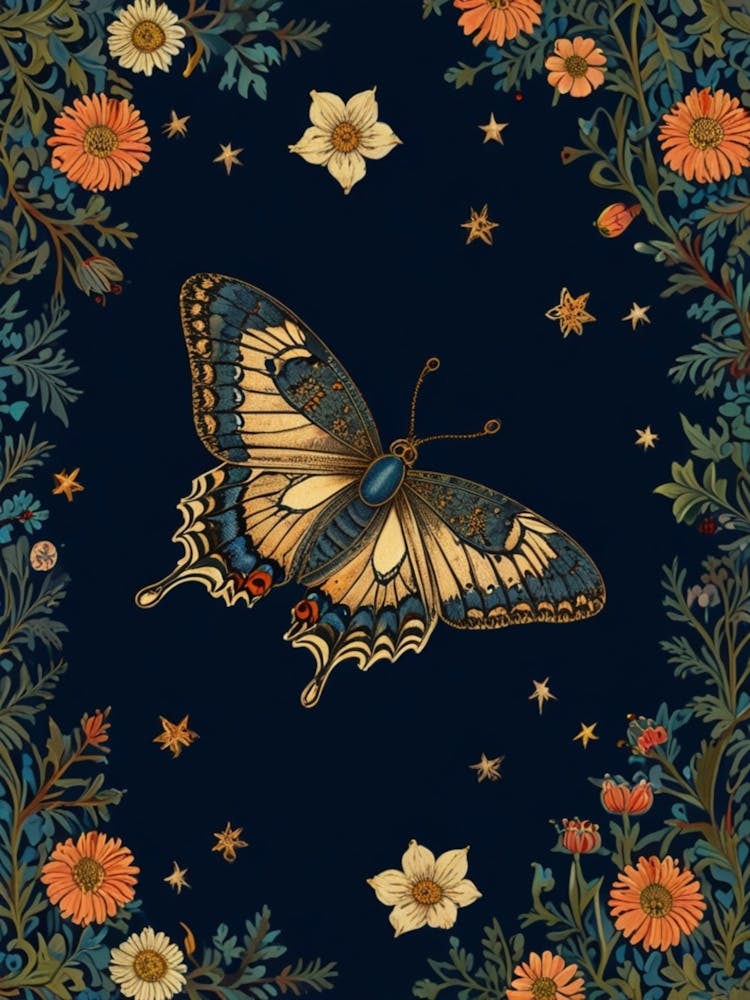 William Morris Butterfly On A Blue Background