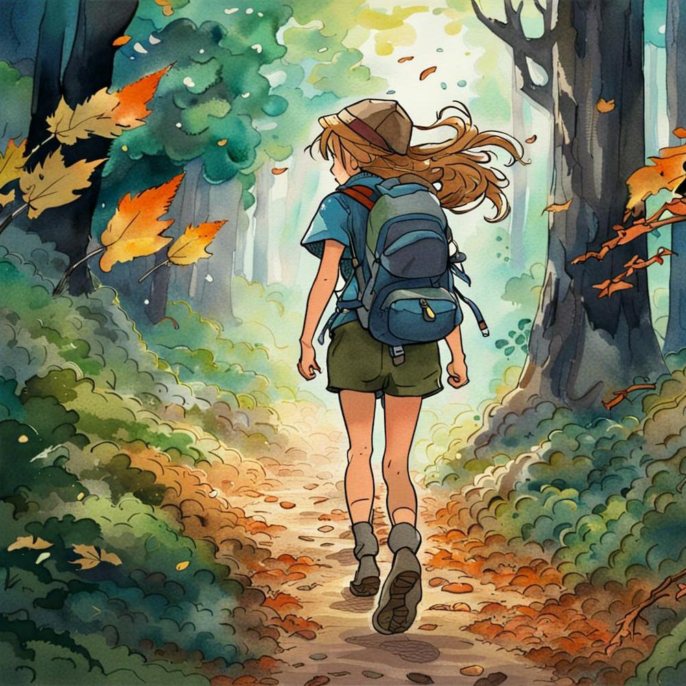 Watercolor Autumn Hike in Forest Landscape