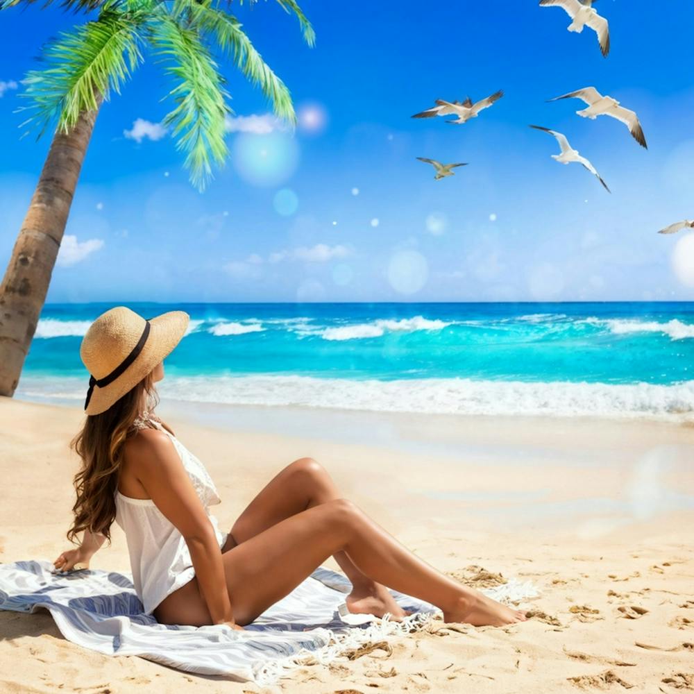 Digital Painting Of A Radiant Woman Basking On A Sun Kissed Beach Waves Gently Lapping At Her Bare (3)