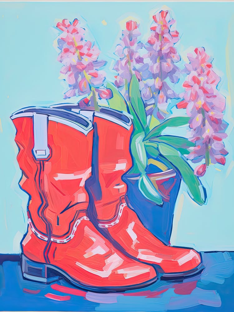 A Painting Of Cowboy Boots With Snapdragon Flowers, Fauvist Style, Still Life 6