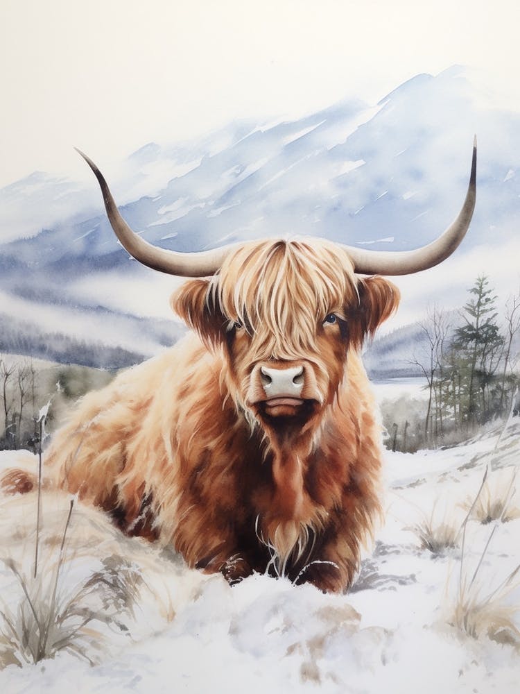 Highland Cow In The Snow Watercolour 4
