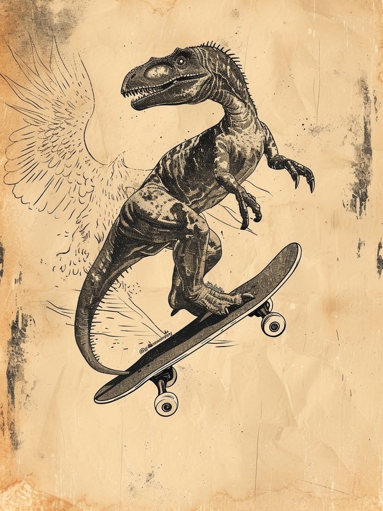 Vintage Sinornithosaurus Dinosaur On A Skateboard 4