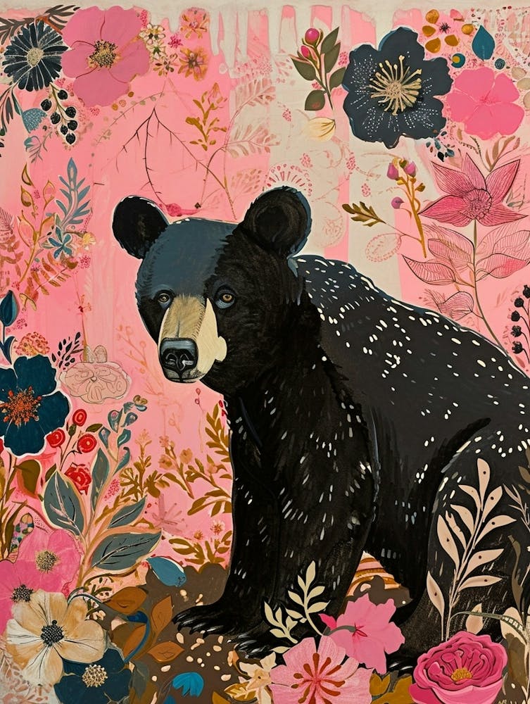 Floral Animal Painting Black Bear 1