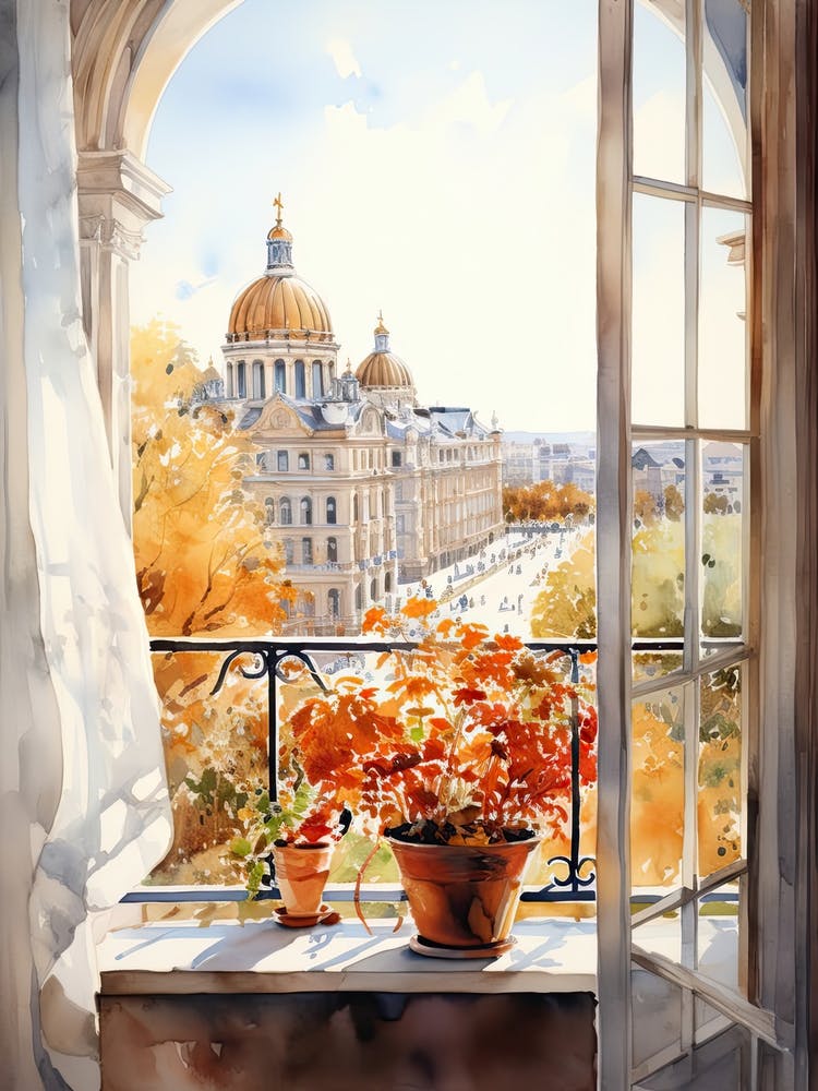 Window View Of Helsinki Finland In Autumn Fall, Watercolour 2
