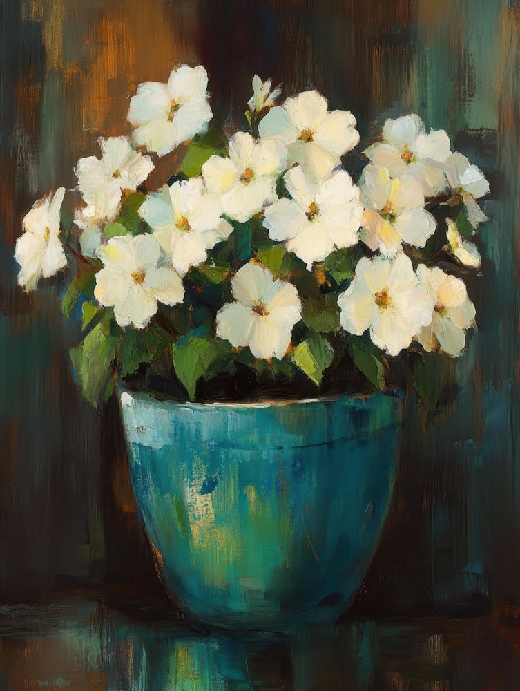 White Flowers In A Blue Pot