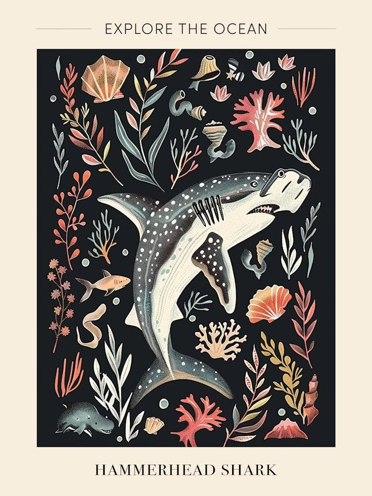 Hammerhead Shark Seascape Black Background Illustration 1 Poster
