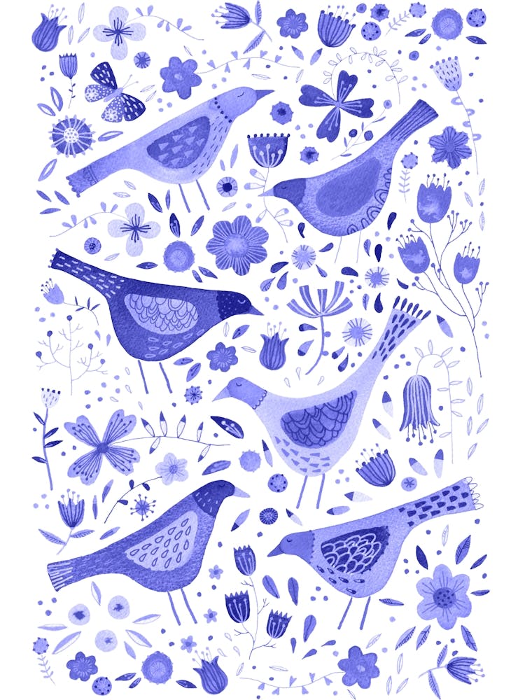 Birds In Wildflowers Blue Watercolor