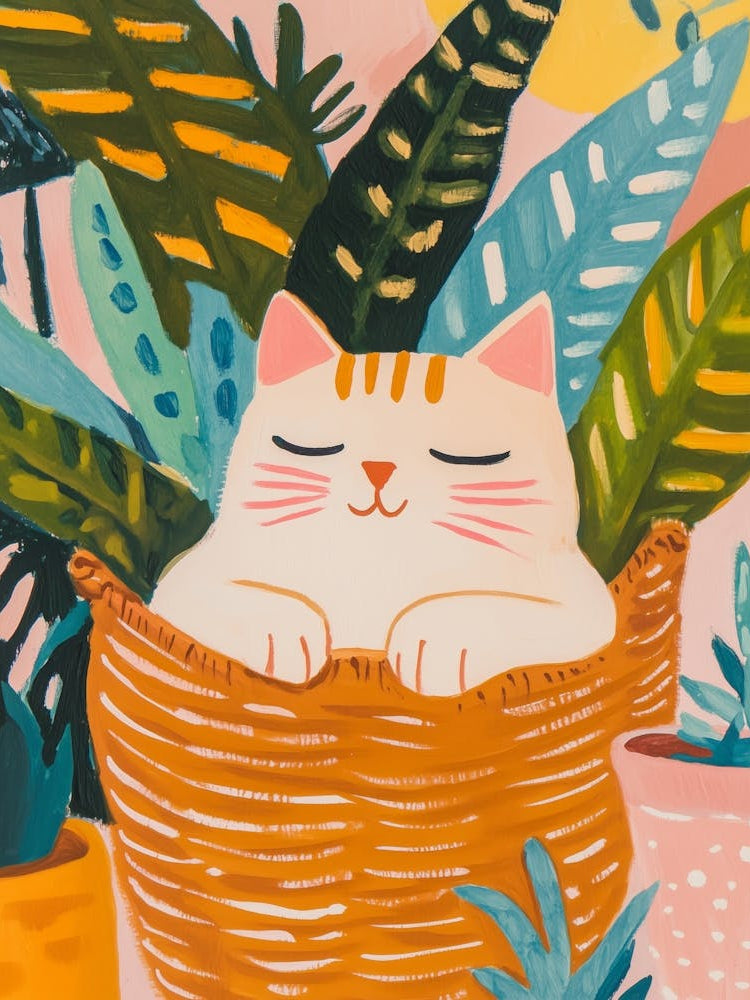Cat in a Basket Gouache Painting
