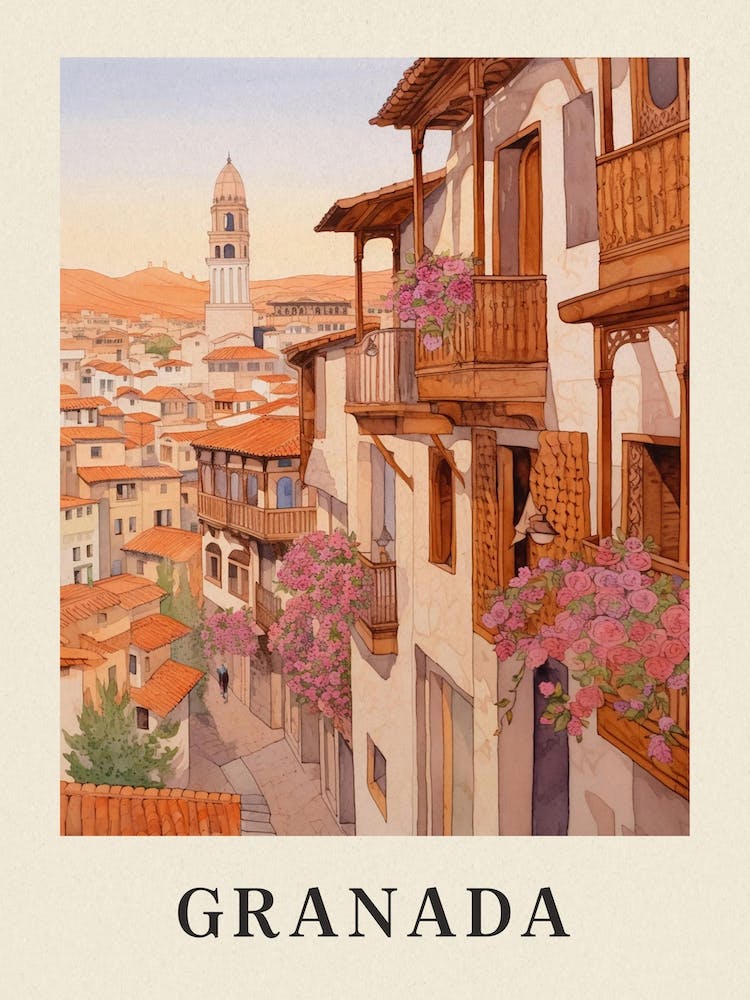 Granada Spain 5 Vintage Pink Travel Illustration Poster