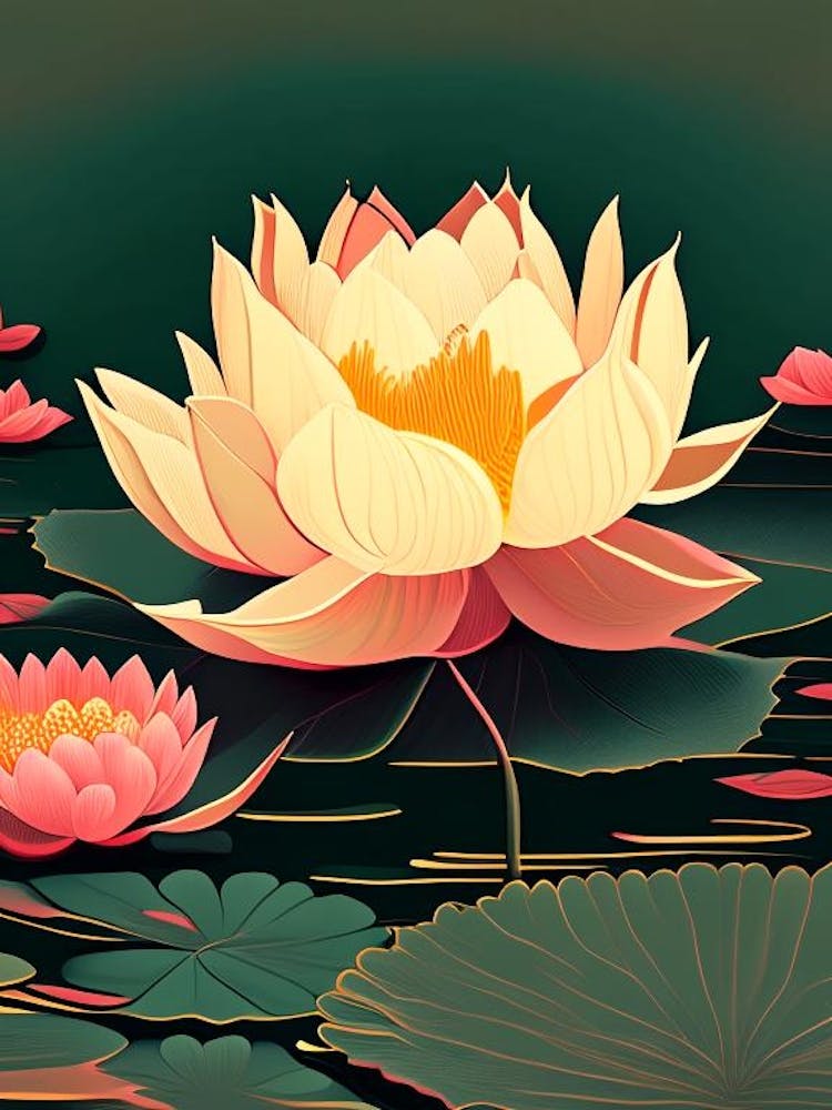 Blooming Lotus Flower In Lake Retro Illustration 3
