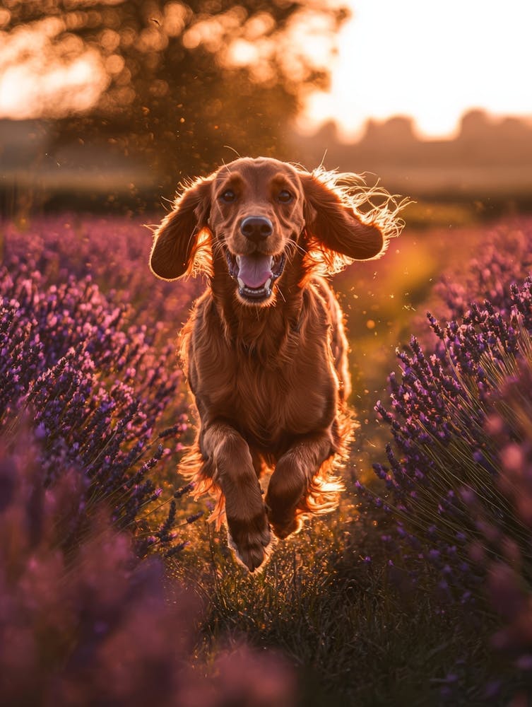 Dog Running Through Lavender Field. Generated AI. 2