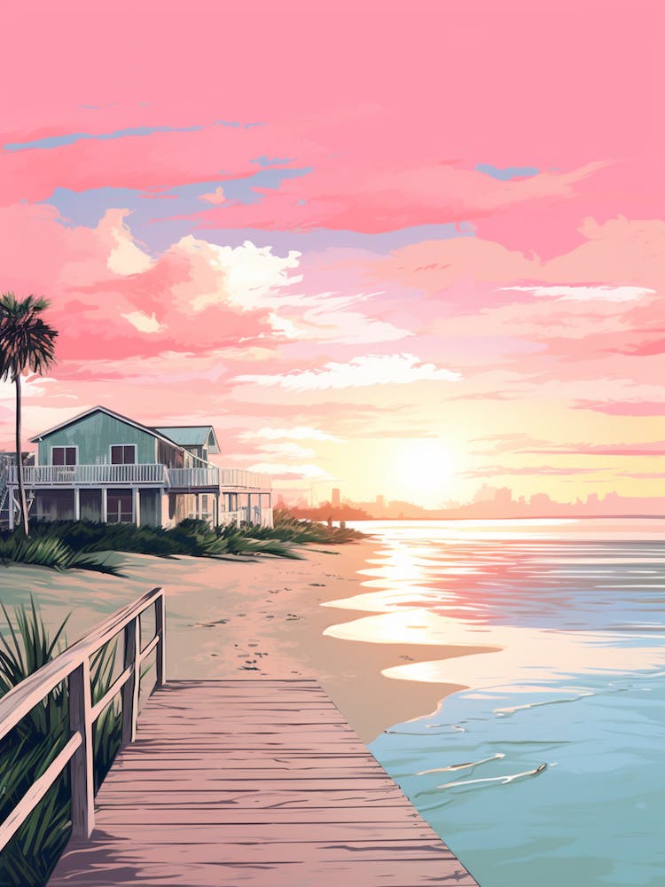 An Illustration In Pink Tones Of  Gulfport Beach Mississippi 4