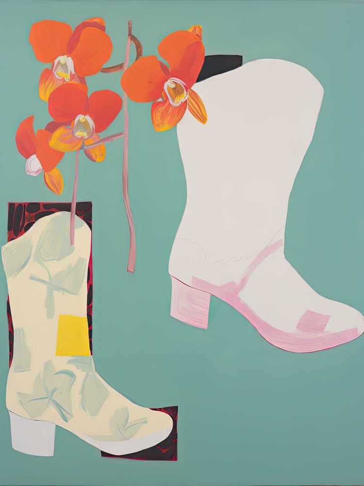 Ein Gemälde von Cowboystiefeln mit roten Blumen, Pop-Art-Stil 10