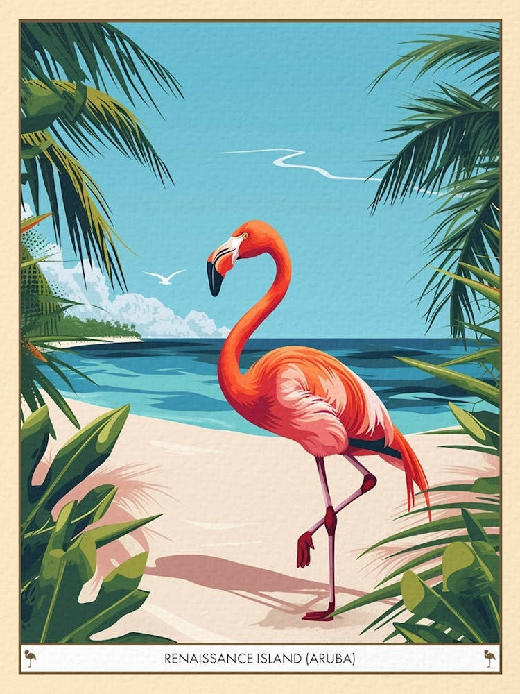 Greater Flamingo Renaissance Island Aruba Tropical Illustration 4 Poster
