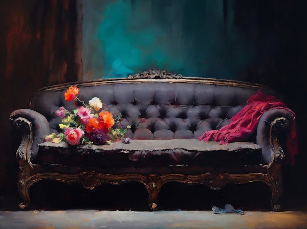 Vintage Antique Couch Oil Painting, Dark Moody Still Life Painting, Luxurious Vintage Interior, Antique Oil Painting, Printable Vintage Art