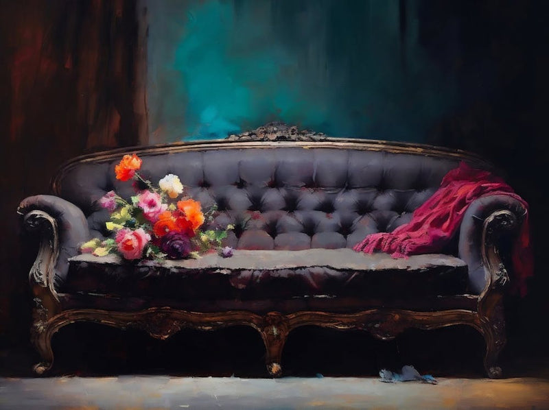 Vintage Antique Couch Oil Painting, Dark Moody Still Life Painting, Luxurious Vintage Interior, Antique Oil Painting, Printable Vintage Art