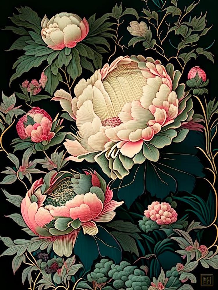 Japanese Gardens Peonies Vintage Botanical