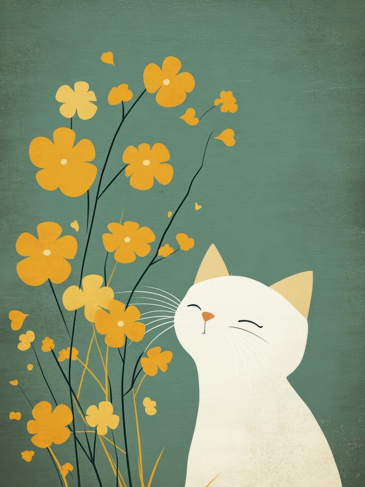 White Cat With Yellow Flowers
