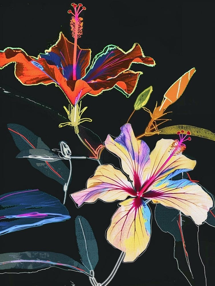 Neon Flowers On Black Hibiscus 3