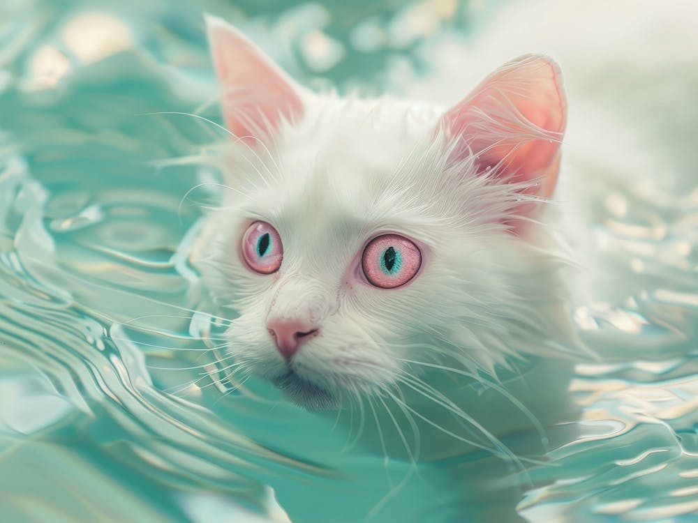 White Cat In Water 1