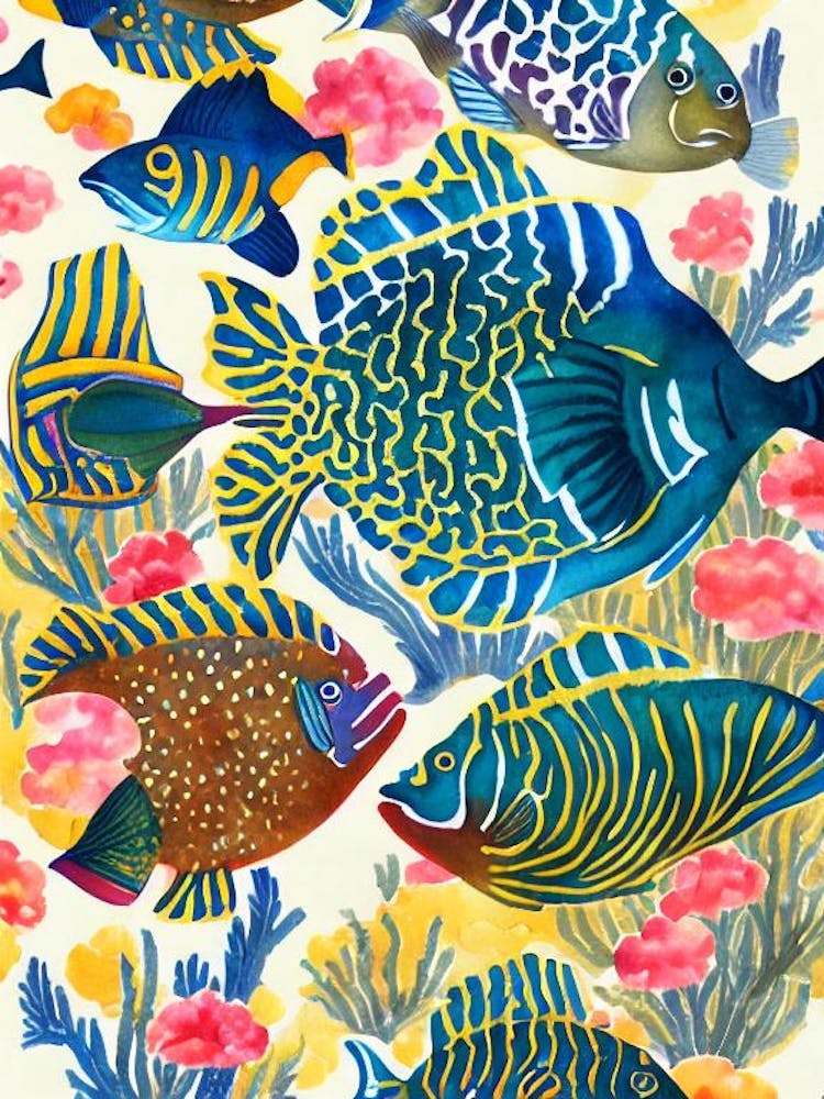 Coral Reef Fish Vintage Graphic Watercolour