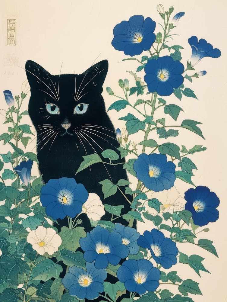 Cat In Blue Flowers 1