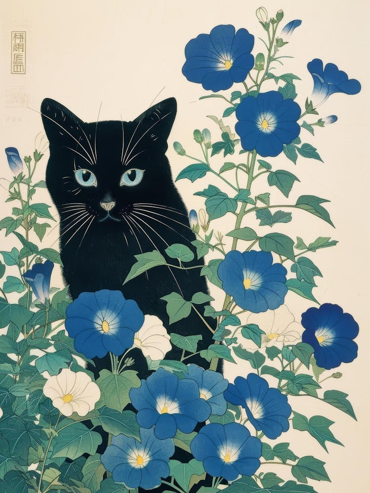 Cat In Blue Flowers 1