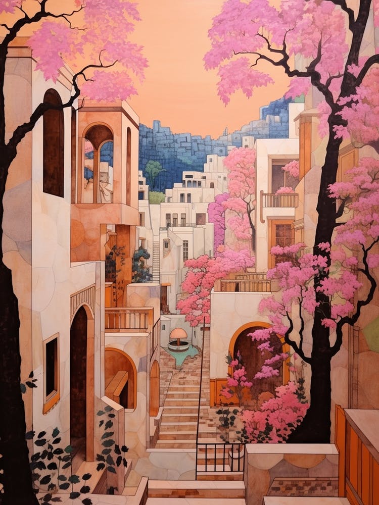 Byblos Lebanon 3 Vintage Pink Travel Illustration