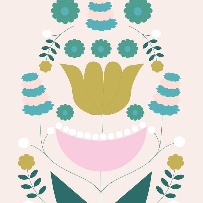 Mustard Pink And Green Retro Flower Composition 2