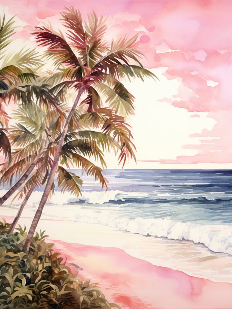 Watercolor Painting Of Anakena Beach, Easter Island 2